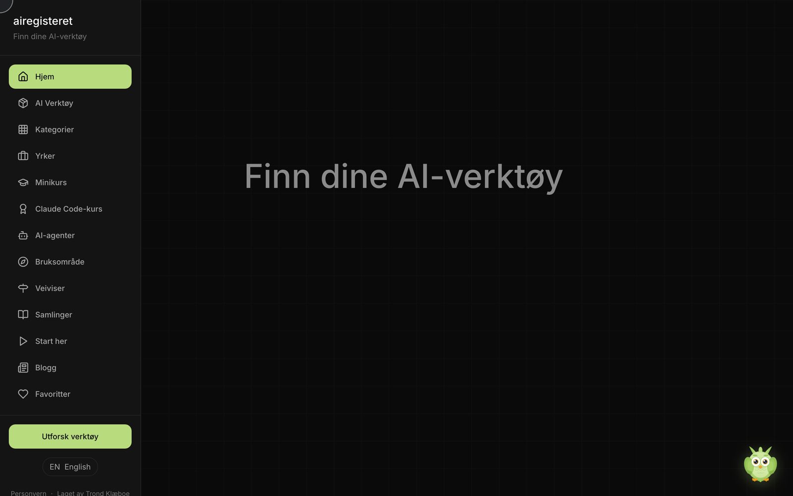 Skjermbilde av forsiden til AI-registeret